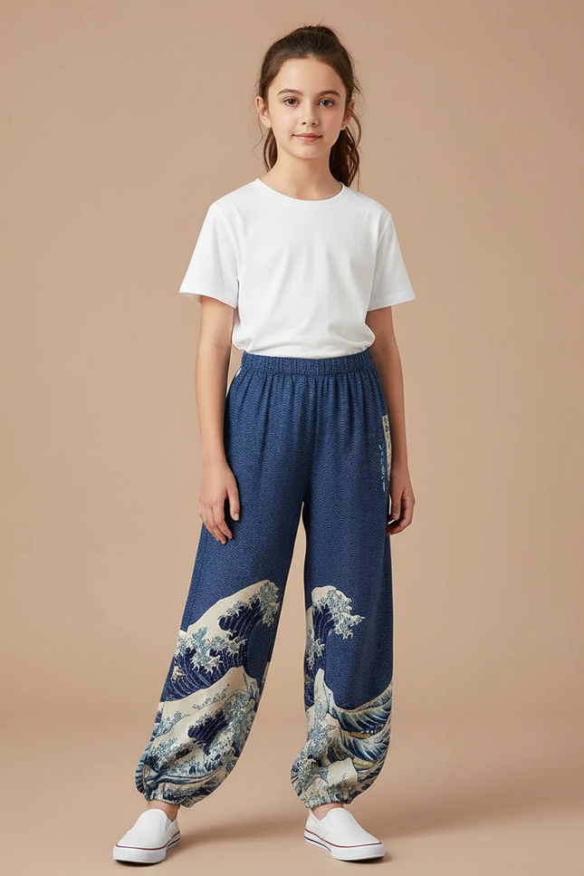 Pantalon Japonais Vagues Bleues Ample Enfant Harajuku - Coton