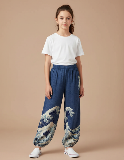 Pantalon Japonais Vagues Bleues Ample Enfant Harajuku - Coton