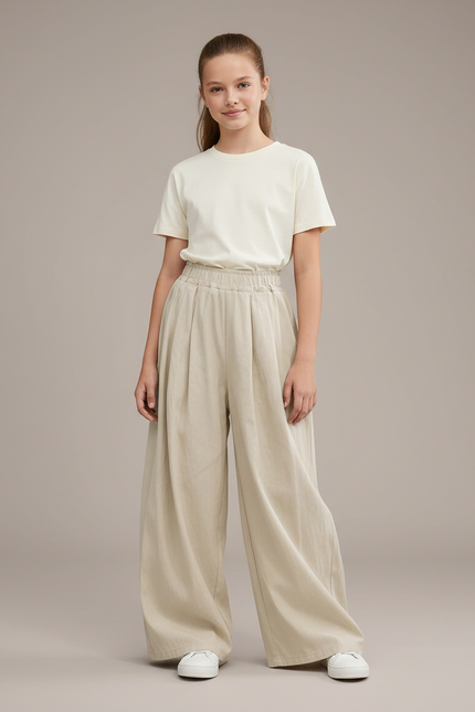 Pantalon Japonais Beige Ample Plissé Décontracté Enfant - Lin