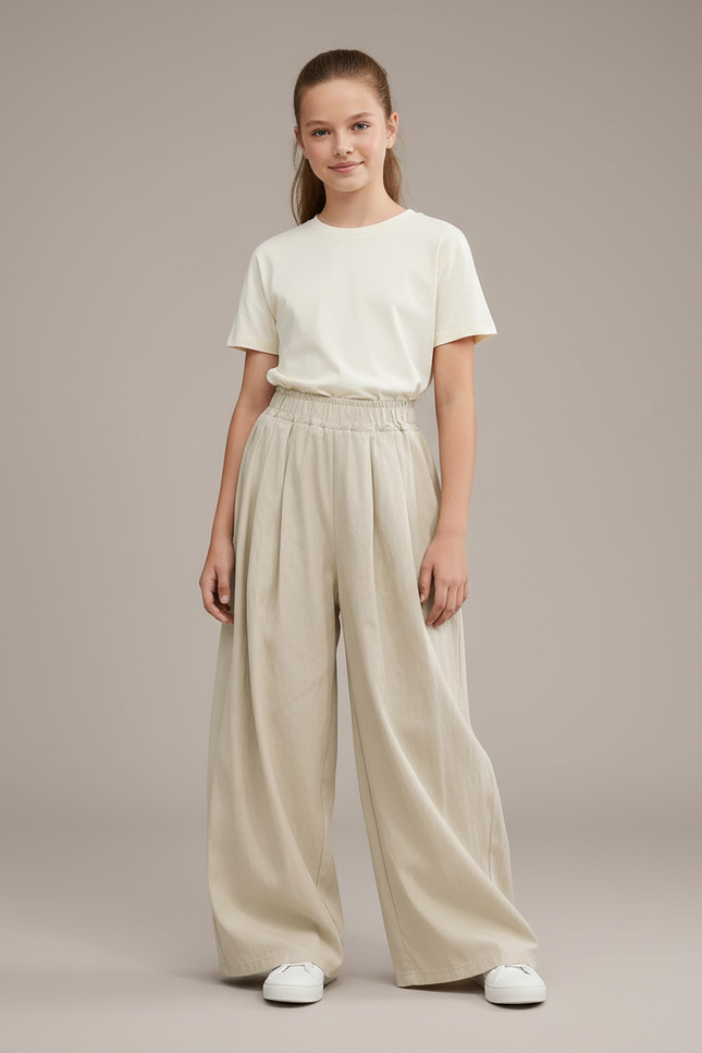 Pantalon Japonais Beige Ample Plissé Décontracté Enfant - Lin