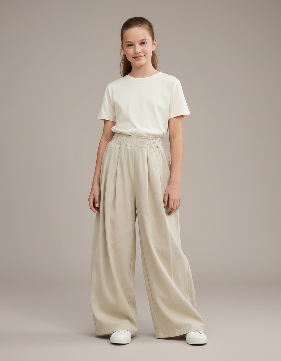 Pantalon Japonais Beige Ample Plissé Décontracté Enfant - Lin