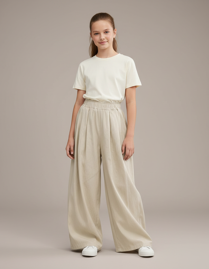 Pantalon Japonais Beige Ample Plissé Décontracté Enfant - Lin