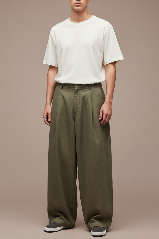 Pantalon Japonais Vert Kaki Ample Plissé Coton Homme - Gabardine