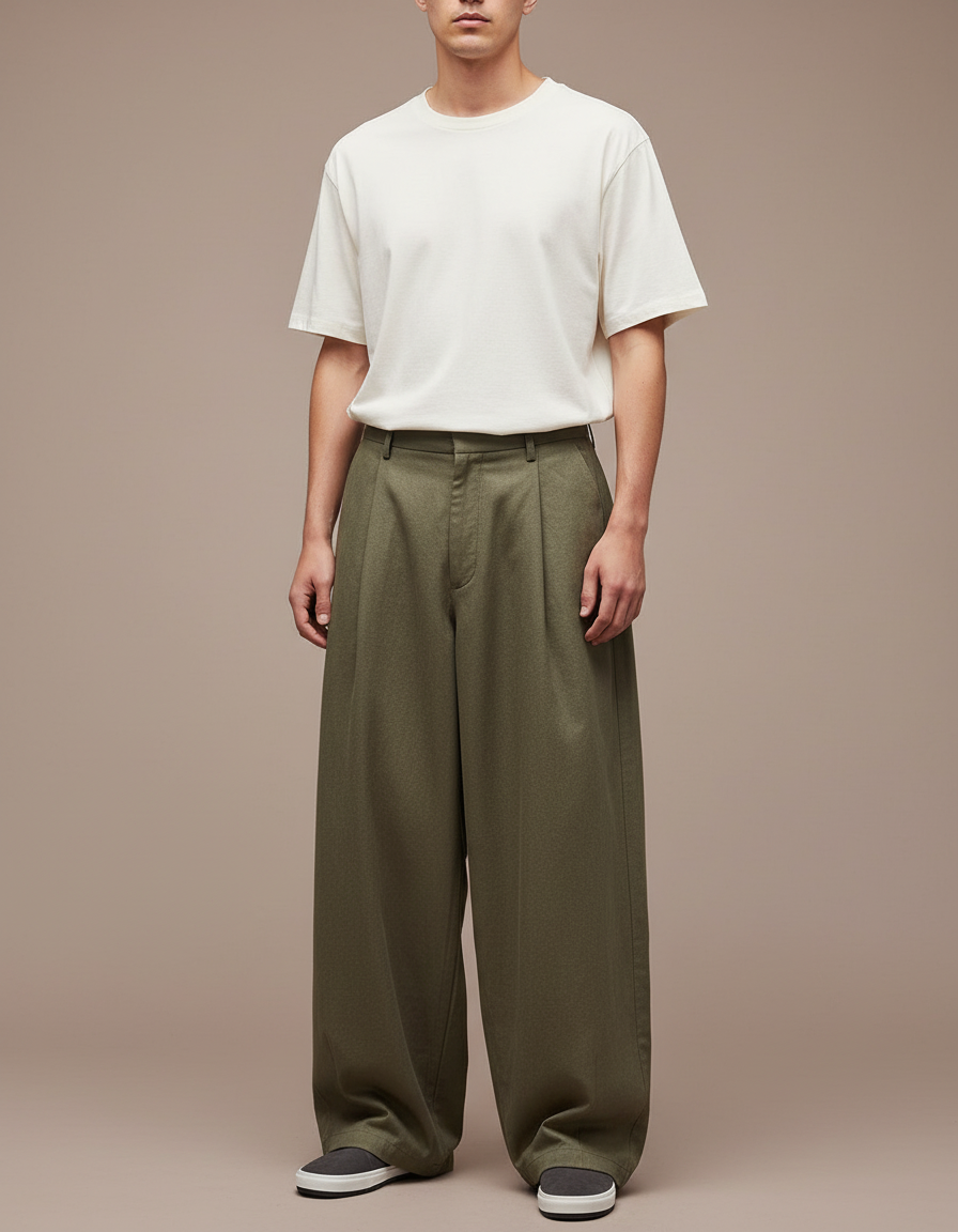 Pantalon Japonais Vert Kaki Ample Plissé Coton Homme - Gabardine