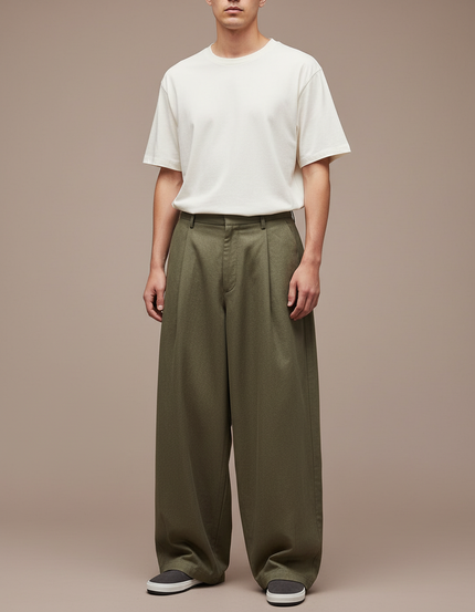 Pantalon Japonais Vert Kaki Ample Plissé Coton Homme - Gabardine
