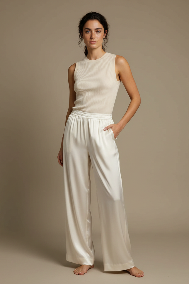 Pantalon Japonais Crème Fluide Satin Large Élégant - Blanc