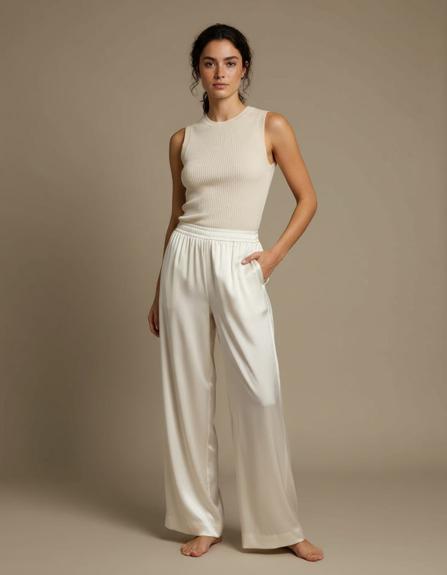Pantalon Japonais Crème Fluide Satin Large Élégant - Blanc