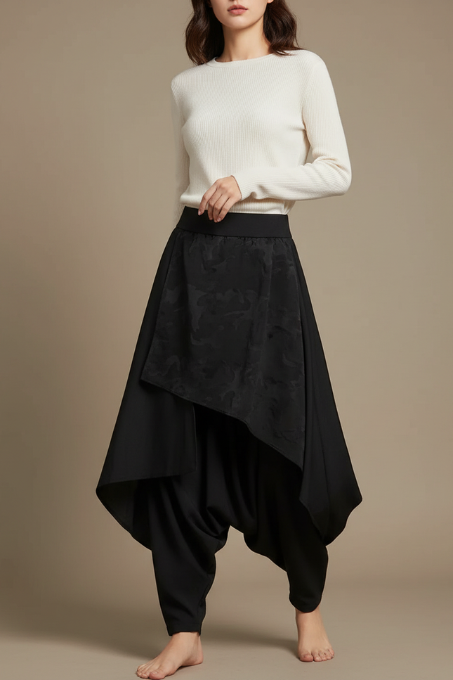 Pantalon Japonais Noir Asymétrique Harem Fluide Élégant - Polyester