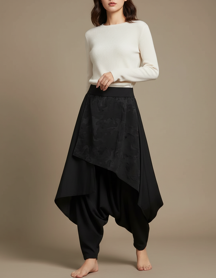 Pantalon Japonais Noir Asymétrique Harem Fluide Élégant - Polyester