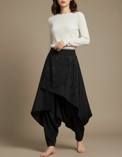 Pantalon Japonais Noir Asymétrique Harem Fluide Élégant - Polyester