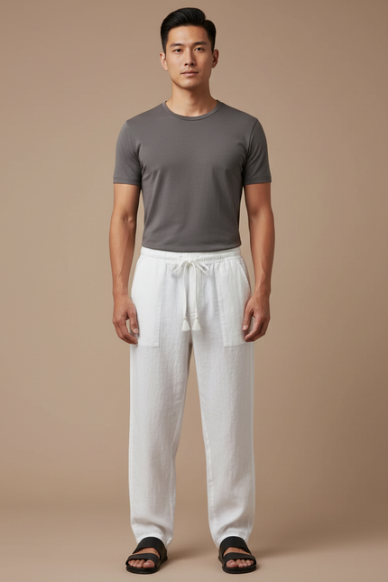 Pantalon Japonais Blanc Lin Ample Cordon Décontracté