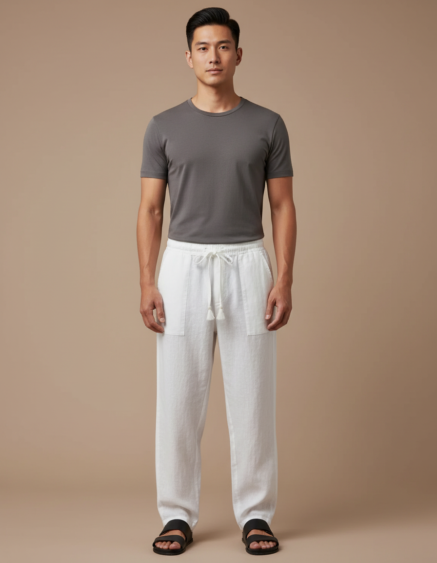 Pantalon Japonais Blanc Lin Ample Cordon Décontracté
