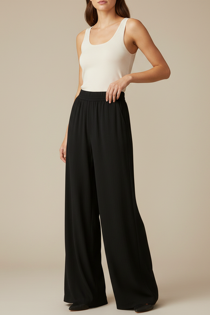 Pantalon Japonais Noir Fluide Ample Côtelé Décontracté Femme - Polyester