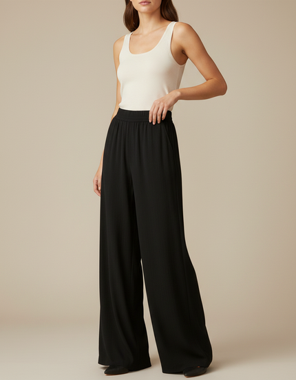 Pantalon Japonais Noir Fluide Ample Côtelé Décontracté Femme - Polyester