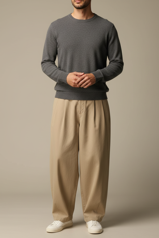 Pantalon Japonais Beige Ample Coton Plissé Décontracté