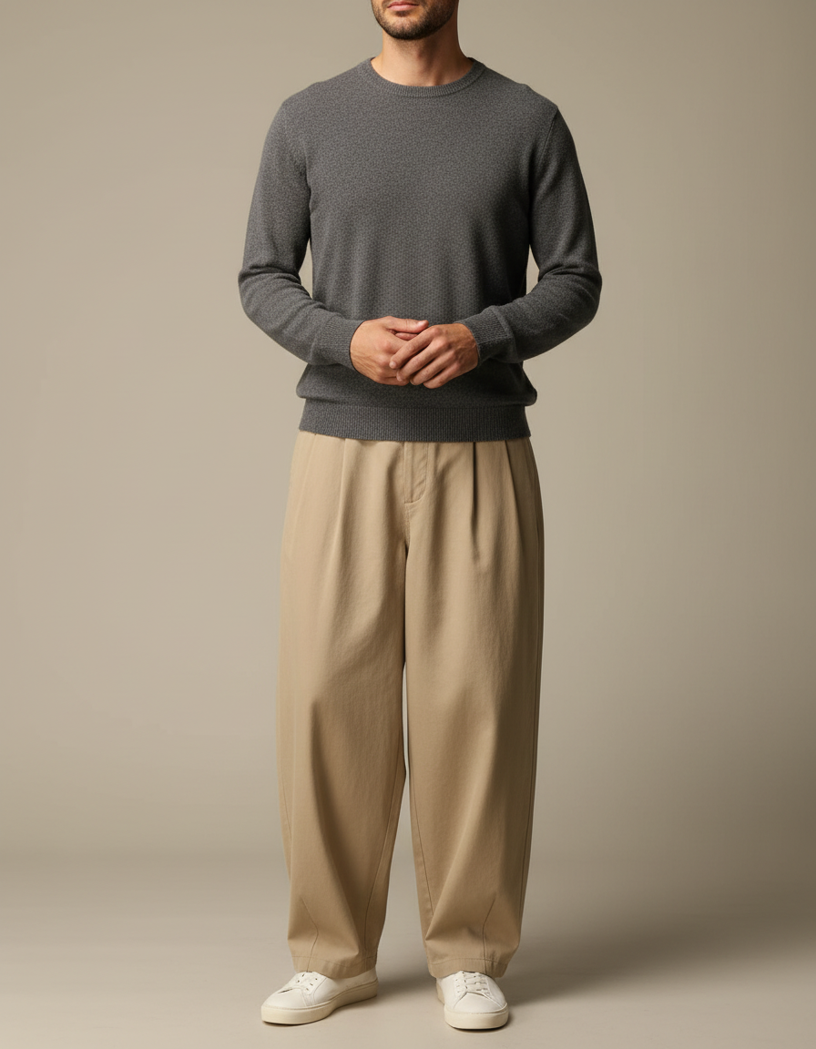 Pantalon Japonais Beige Ample Coton Plissé Décontracté