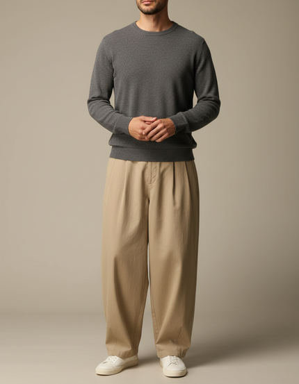 Pantalon Japonais Beige Ample Coton Plissé Décontracté