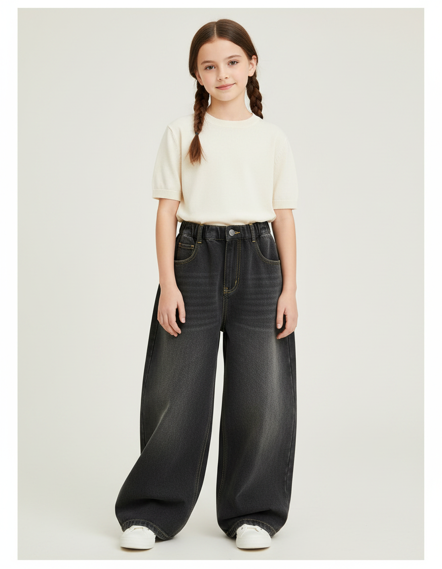 Pantalon Japonais Large Denim Gris Ample Décontracté - Jean