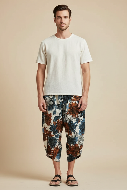 Pantalon Japonais Imprimé Floral Ample Décontracté Homme - Lin