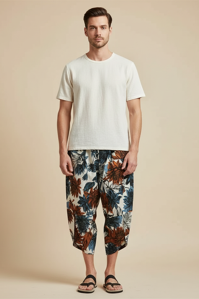 Pantalon Japonais Imprimé Floral Ample Décontracté Homme - Lin