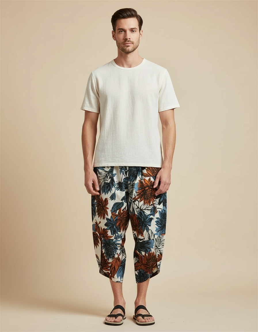 Pantalon Japonais Imprimé Floral Ample Décontracté Homme - Lin