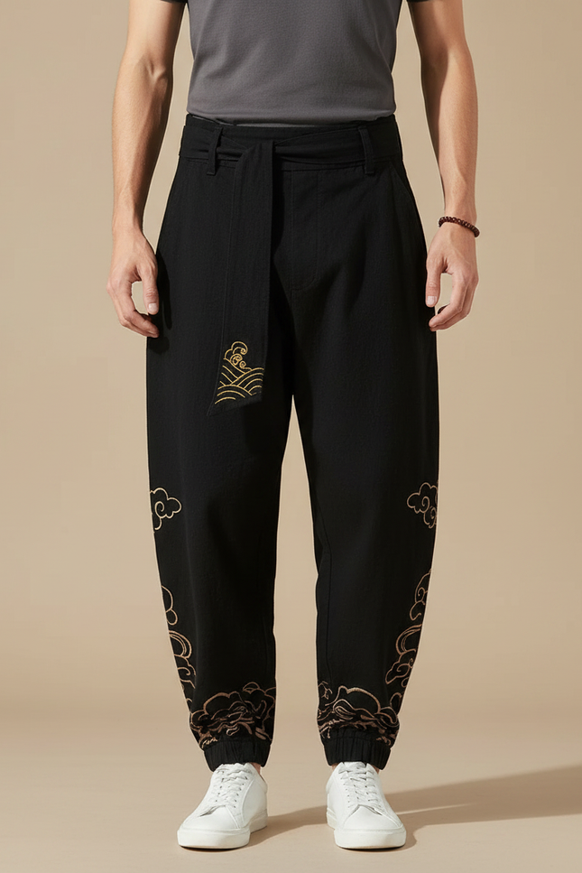 Pantalon Japonais Noir Ample Coton Brodé Nuages