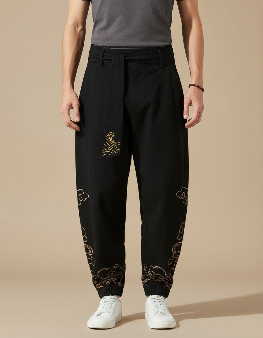 Pantalon Japonais Noir Ample Coton Brodé Nuages