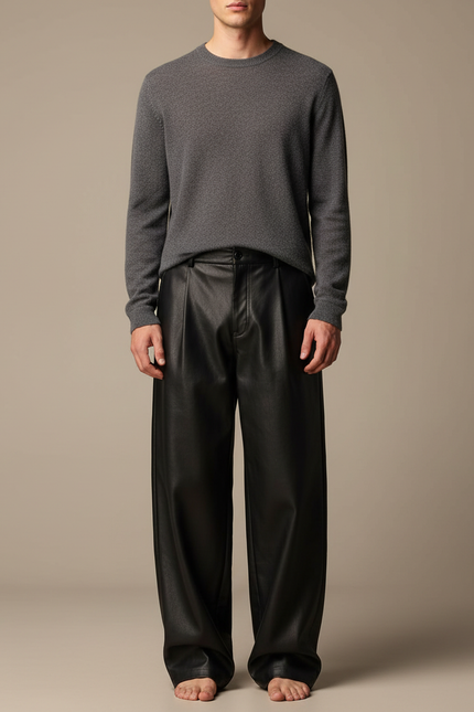 Pantalon Japonais Noir Cuir Ample Décontracté Homme - Simili cuir