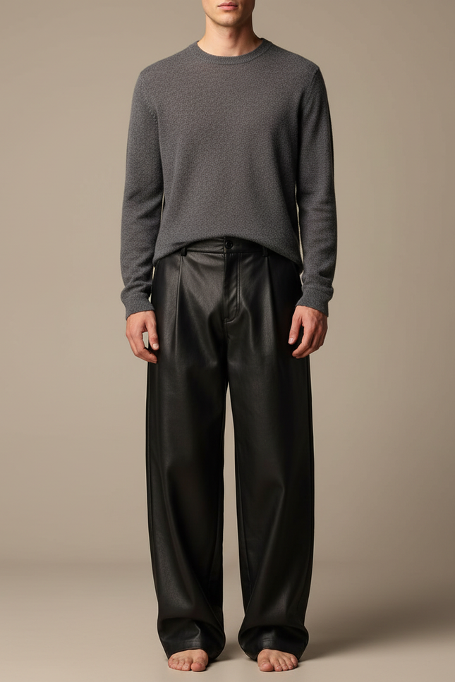 Pantalon Japonais Noir Cuir Ample Décontracté Homme - Simili cuir