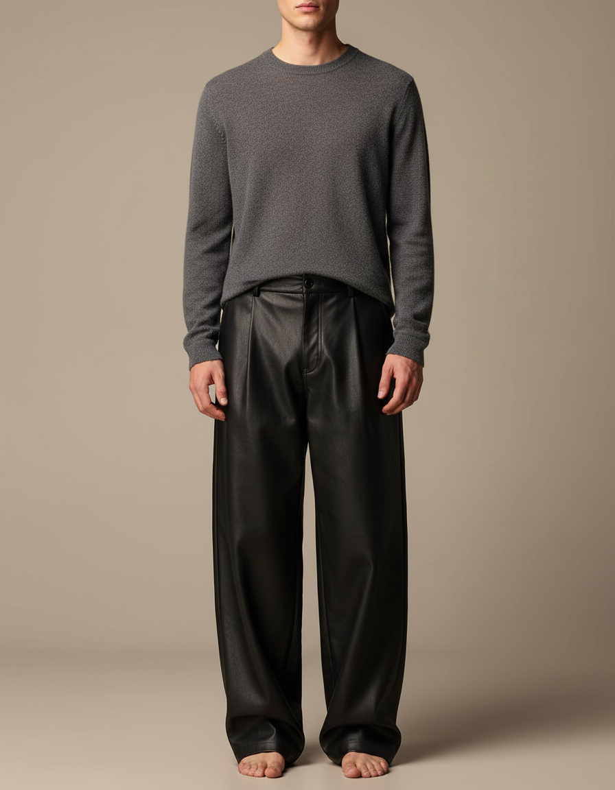 Pantalon Japonais Noir Cuir Ample Décontracté Homme - Simili cuir