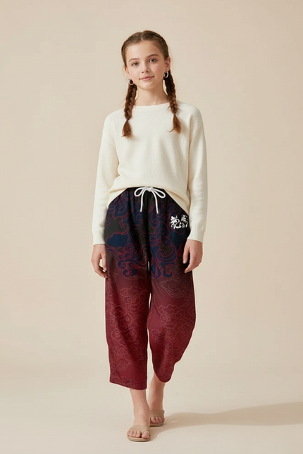 Pantalon Japonais Ample Fluide Dégradé Nuages Fille - Bordeaux Viscose