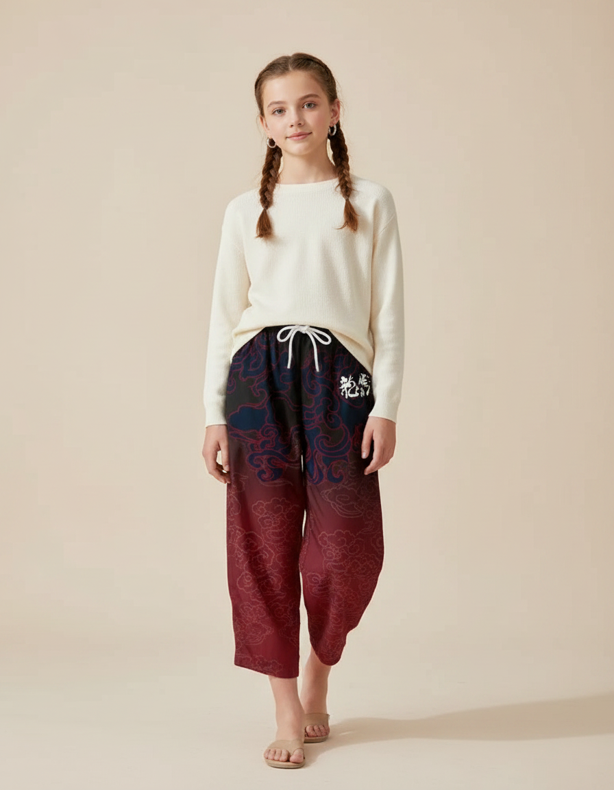 Pantalon Japonais Ample Fluide Dégradé Nuages Fille - Bordeaux Viscose