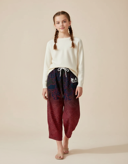 Pantalon Japonais Ample Fluide Dégradé Nuages Fille - Bordeaux Viscose