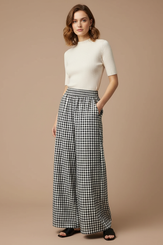 Pantalon Japonais Carreaux Ample Fluide Élégant Femme - Imprimé Viscose
