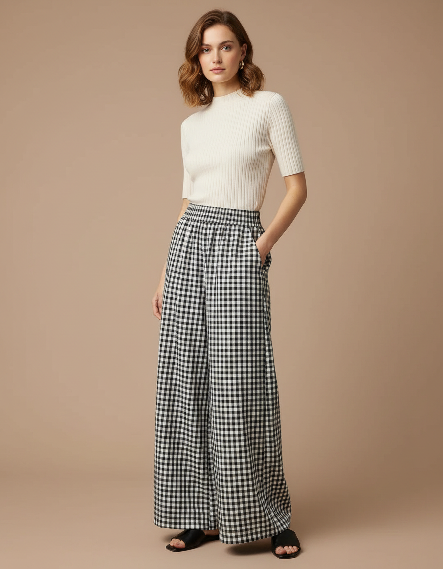 Pantalon Japonais Carreaux Ample Fluide Élégant Femme - Imprimé Viscose