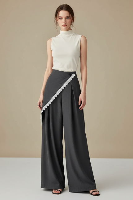 Pantalon Japonais Jupe-culotte Asymétrique Dentelle Gris Élégant - Viscose