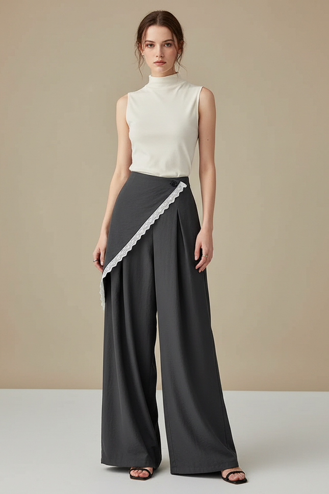 Pantalon Japonais Jupe-culotte Asymétrique Dentelle Gris Élégant - Viscose