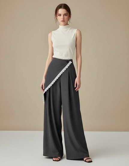 Pantalon Japonais Jupe-culotte Asymétrique Dentelle Gris Élégant - Viscose