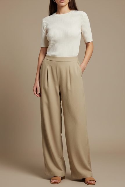 Pantalon Japonais Femme Fluide Beige Plissé Élégant - Polyester