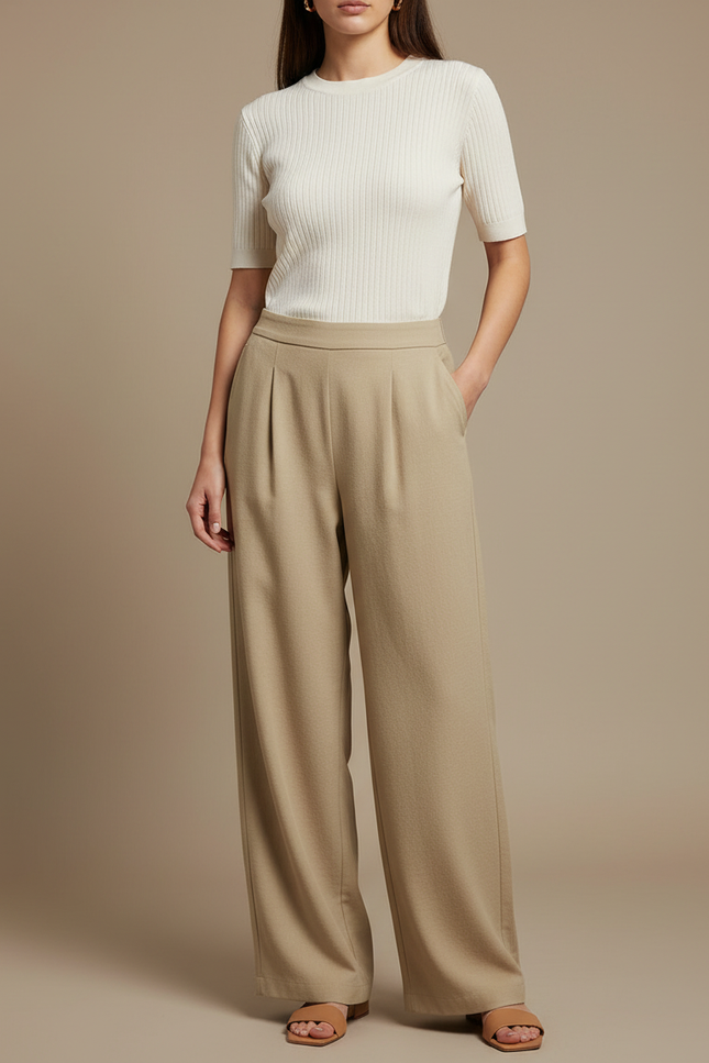 Pantalon Japonais Femme Fluide Beige Plissé Élégant - Polyester