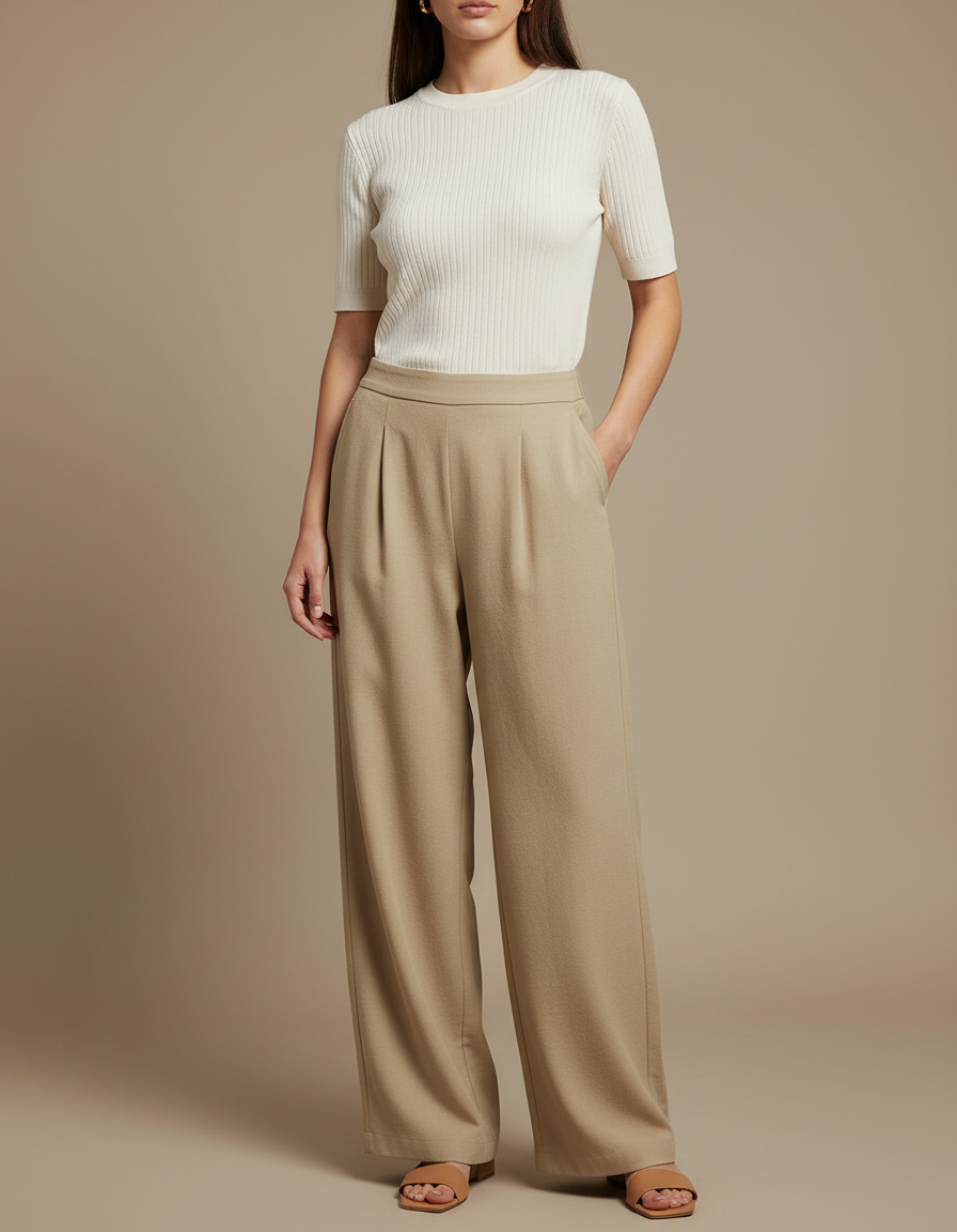 Pantalon Japonais Femme Fluide Beige Plissé Élégant - Polyester