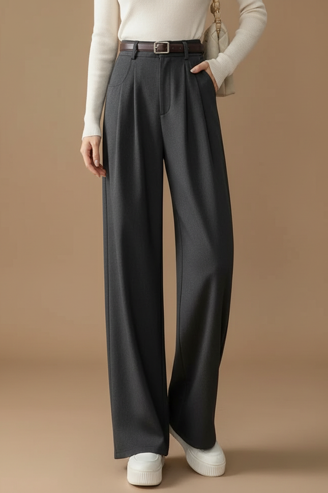 Pantalon Japonais Gris Plissé Ample Élégant Décontracté Femme - Laine