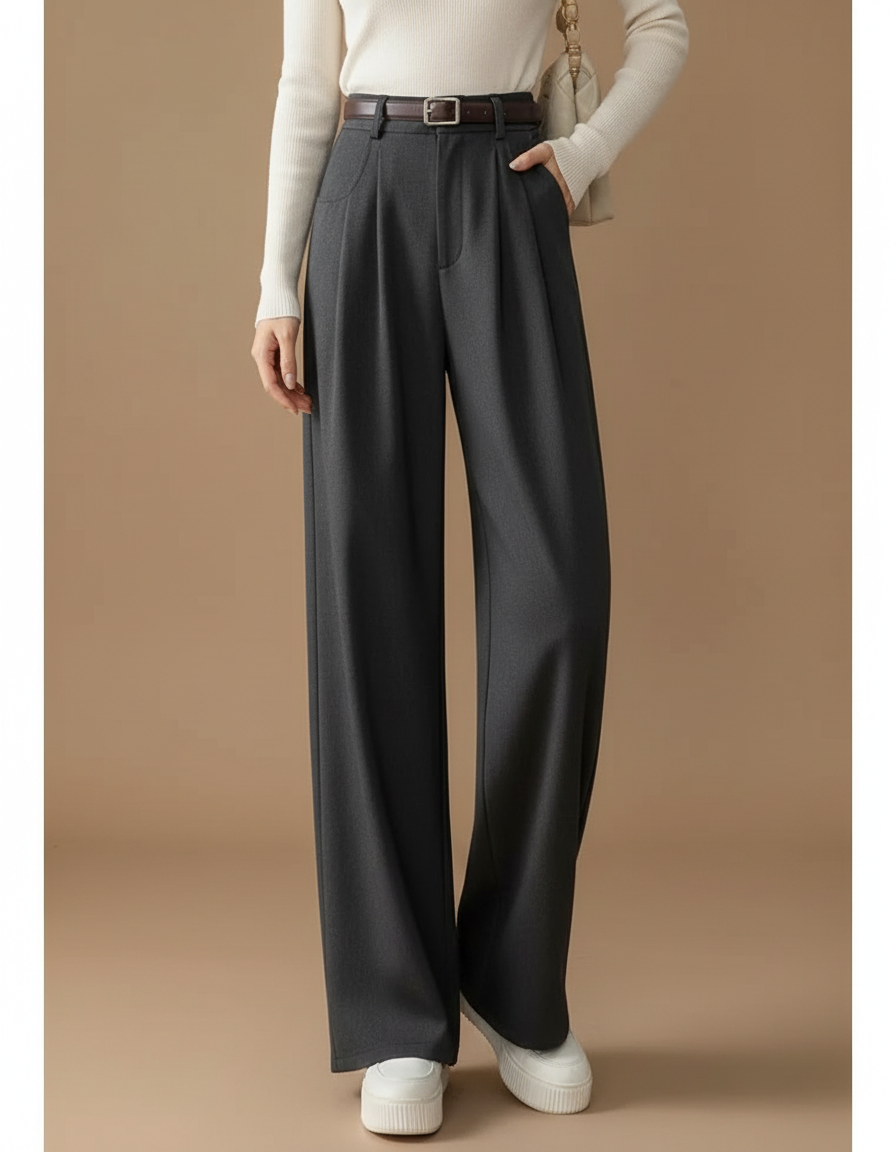 Pantalon Japonais Gris Plissé Ample Élégant Décontracté Femme - Laine