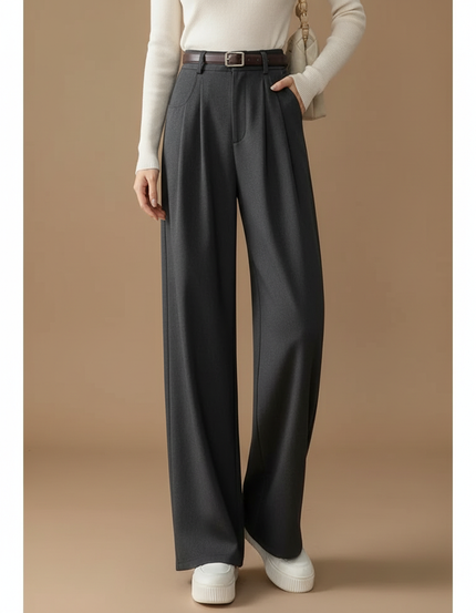 Pantalon Japonais Gris Plissé Ample Élégant Décontracté Femme - Laine