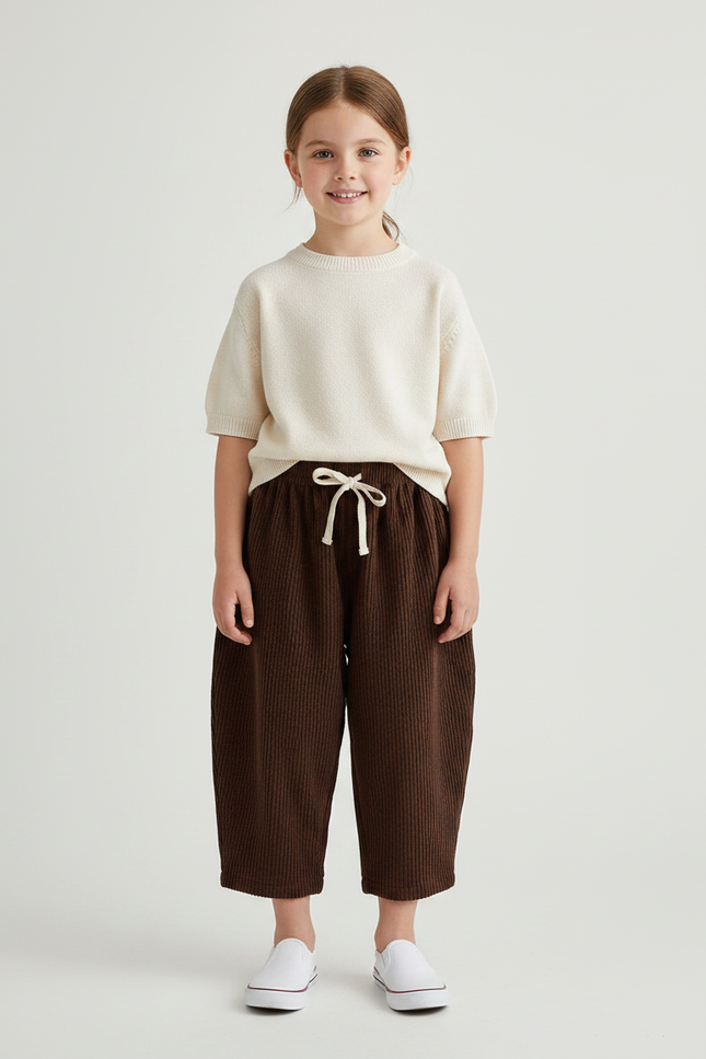 Pantalon Japonais Marron Côtelé Ample Décontracté Enfant - Cordé