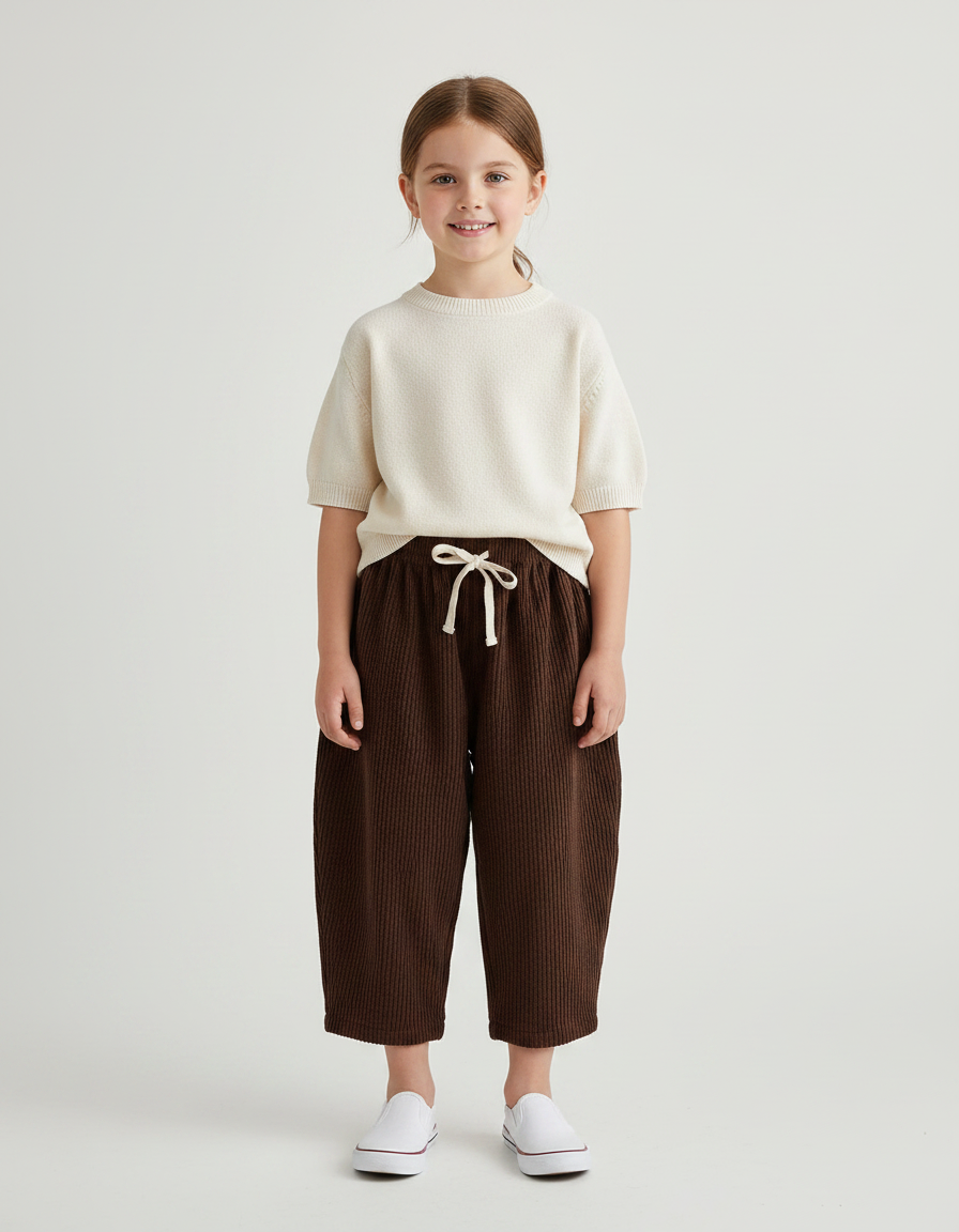 Pantalon Japonais Marron Côtelé Ample Décontracté Enfant - Cordé