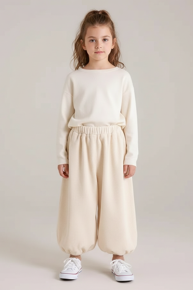 Pantalon Japonais Crème Côtelé Ample Décontracté Enfant - Beige Cordé
