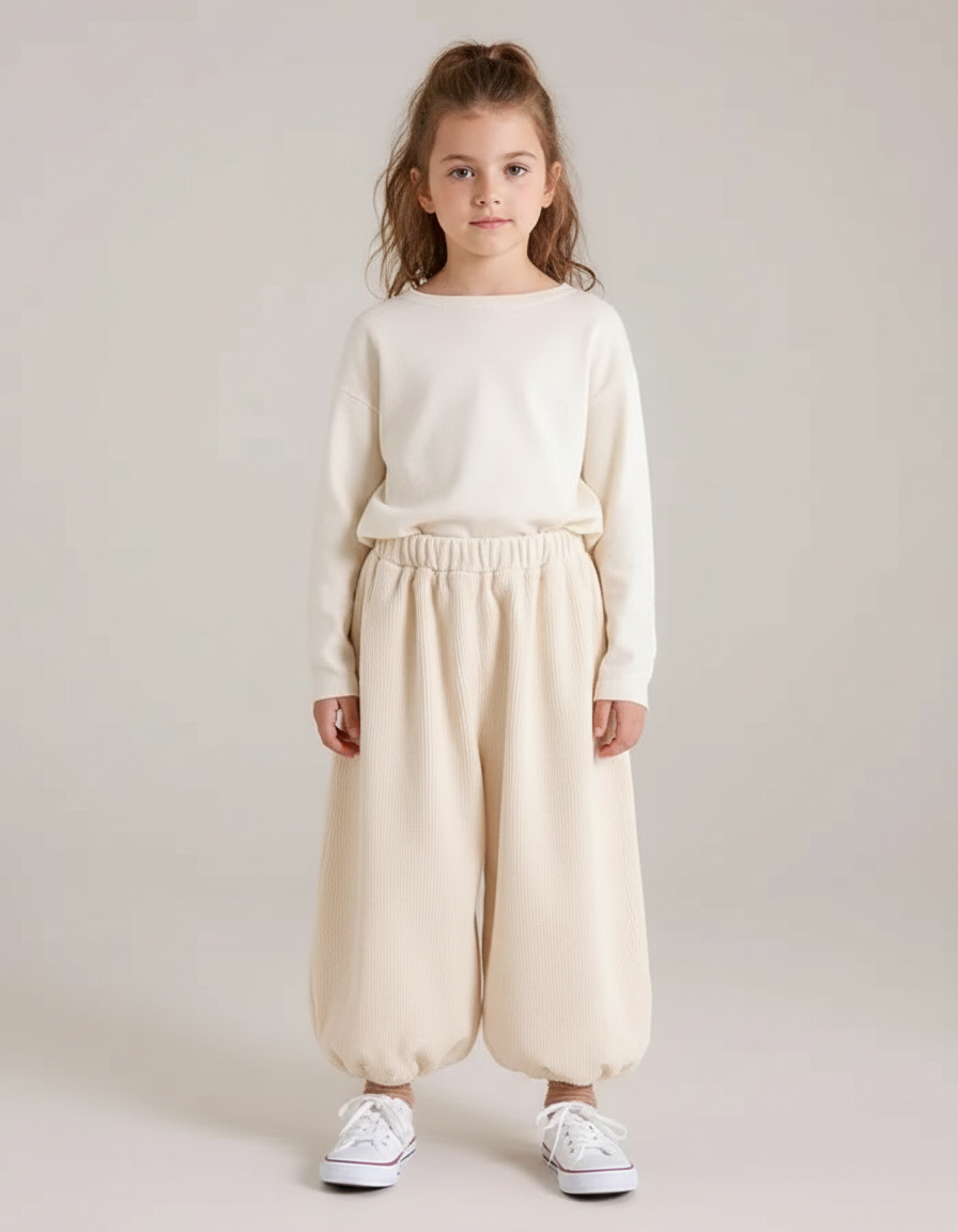 Pantalon Japonais Crème Côtelé Ample Décontracté Enfant - Beige Cordé