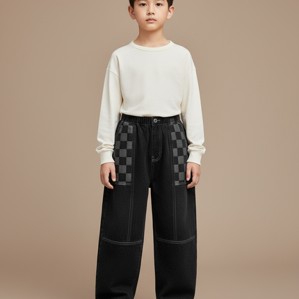 Pantalon Japonais Noir Large Carreaux Garçon Décontracté - Jean