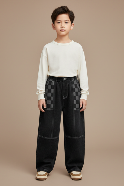 Pantalon Japonais Noir Large Carreaux Garçon Décontracté - Jean